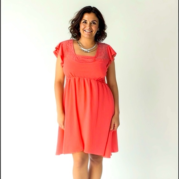 Torrid Coral A-Line Midi Dress Size 3 Lace Ruffle Sleeves V-Neck - Picture 1 of 6